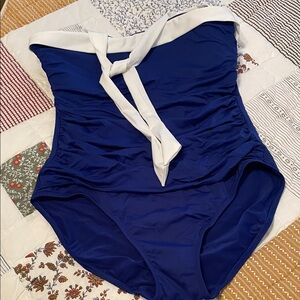 Ralph Lauren Royal Blue Slimming Ruched Swimsuit with White Banded Top, NWT